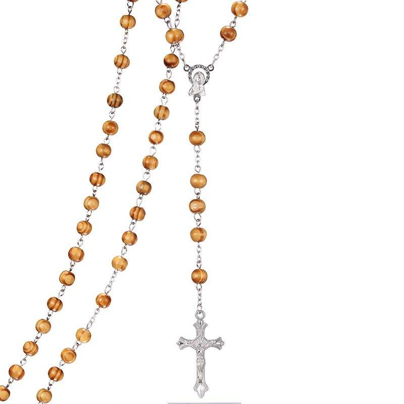 collier en bois croix catholique